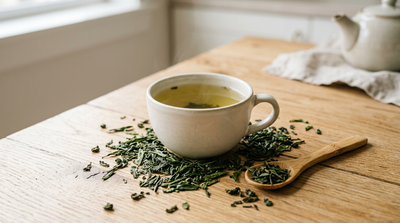 Tasse de thé vert avec des feuilles de thé en vrac sur une table en bois