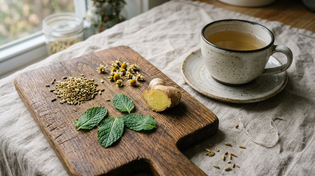Graines de fenouil, fleurs de camomille, feuilles de menthe et gingembre frais autour d'une tasse de tisane, sur une planche en bois