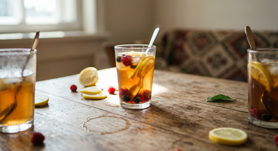 Trois verres de thé glacé sur une table en bois
