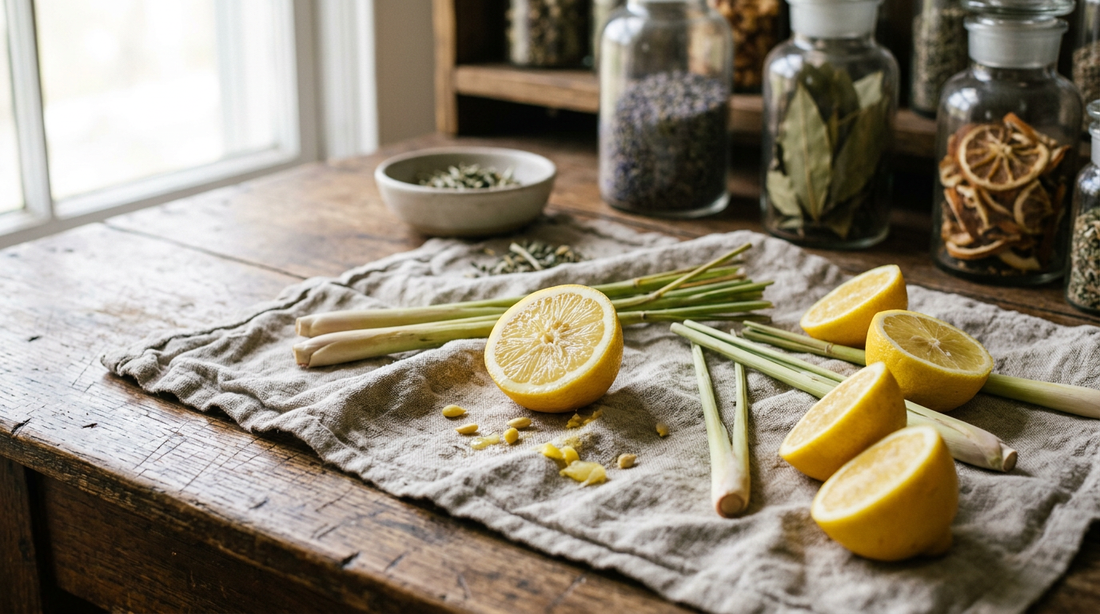 Citron et citronnelle sur une table en bois