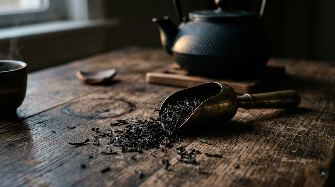 Une cuillère de thé noir Lapsang Souchong posée sur une table en bois