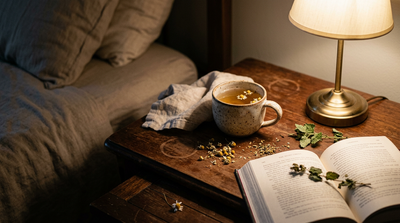 Tasse de tisane sur une table de chevet avec des fleurs de camomille et de la mélisse séchée, ambiance du soir