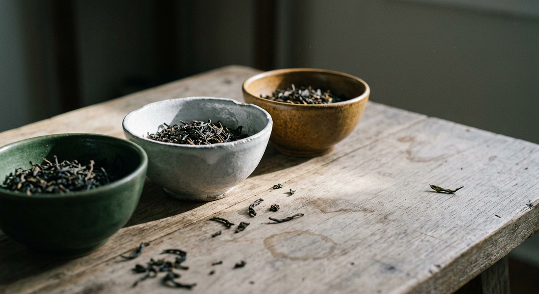 Cinq bols de thés en vrac différents vert, blanc, oolong, noir et rooibos disposés sur une table en bois